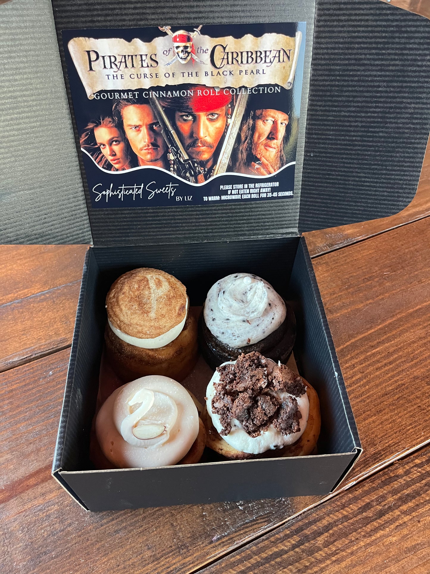 Pirates Of The Caribbean 4 pack Cinnamon Roll Box with Treasure chest and chance to win Thanksgiving Cinnamon Roll Box