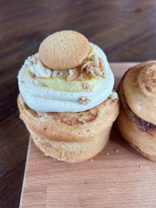 Available at our Kiosk 10am 1 jumbo Banana Pudding Cinnamon Roll