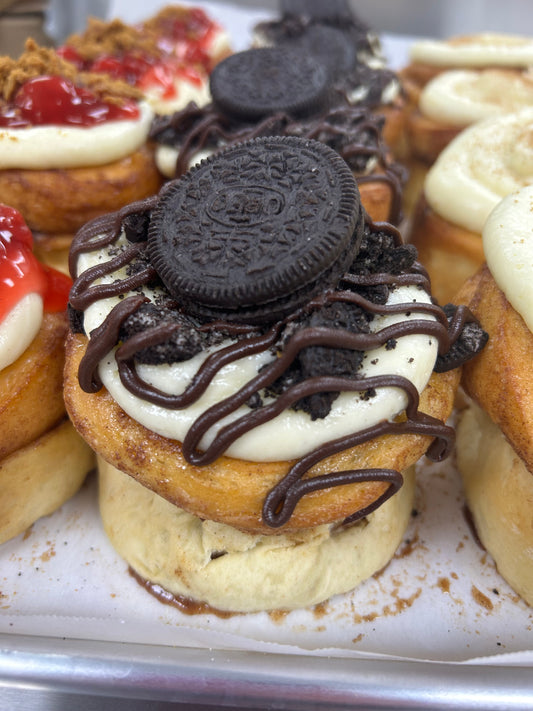 Thursday- Oreo Cinnamon Roll Jumbo- Cookies and cream fresh baked cinnamon roll