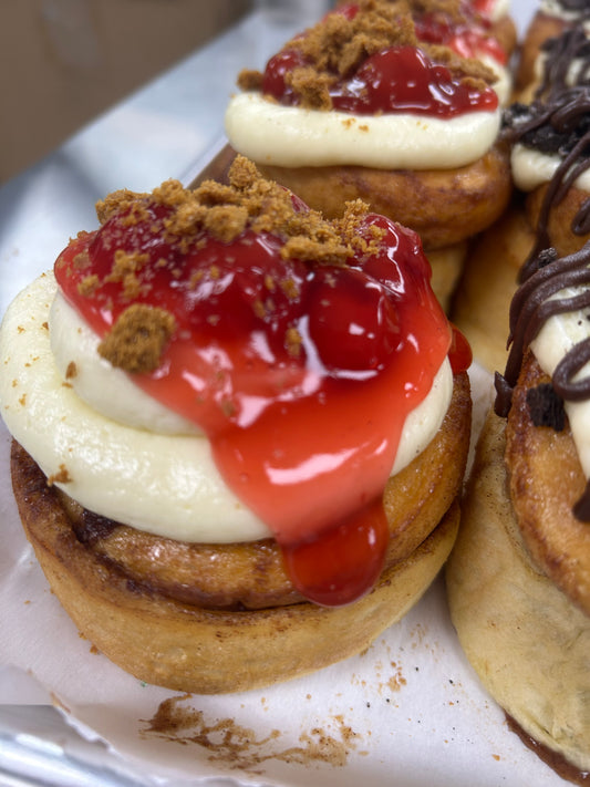 Thursday- Cherry Cheesecake Jumbo Cinnamon Roll- jumbo fresh baked cinnamon roll cherry cheesecake flavor