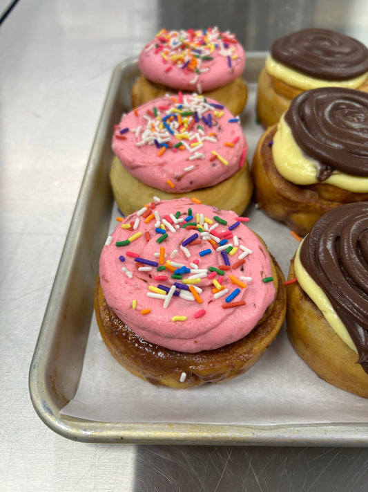 Thursday• 1 Jumbo Strawberry Sprinkle Donut  Cinnamon Roll- Freshly baked gourmet cinnamon roll