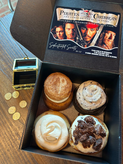Pirates Of The Caribbean 4 pack Cinnamon Roll Box with Treasure chest and chance to win Thanksgiving Cinnamon Roll Box